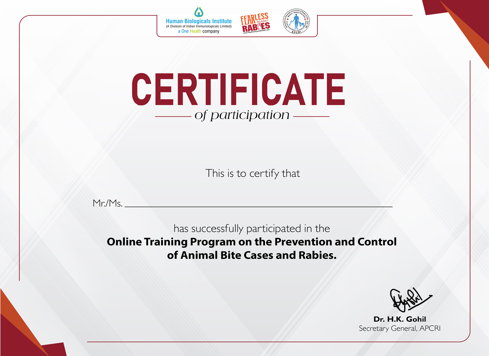 Online Training Program on the Prevention and Control of Animal Bite Cases and Rabies